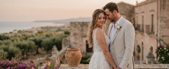 Portrait of a newlywed couple in an ancient Sicilian villa